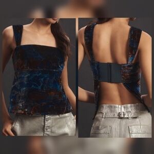 Pilcro by Anthropologie Velvet Flyaway Open Back Tank Top, Blue Brown Pattern, L